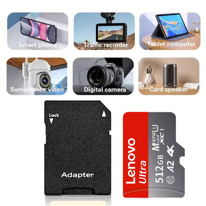 Lenovo High Speed Micro SD Card 512GB A2 U3 V30 Memory Card With Adapter For DJI Drone GoPro Camera 128GB 256GB TF Flash Cards